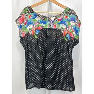 ODILLE Anthropologie Floral Polka Dot Cap Sleeve Top Multicolor Black Size 4